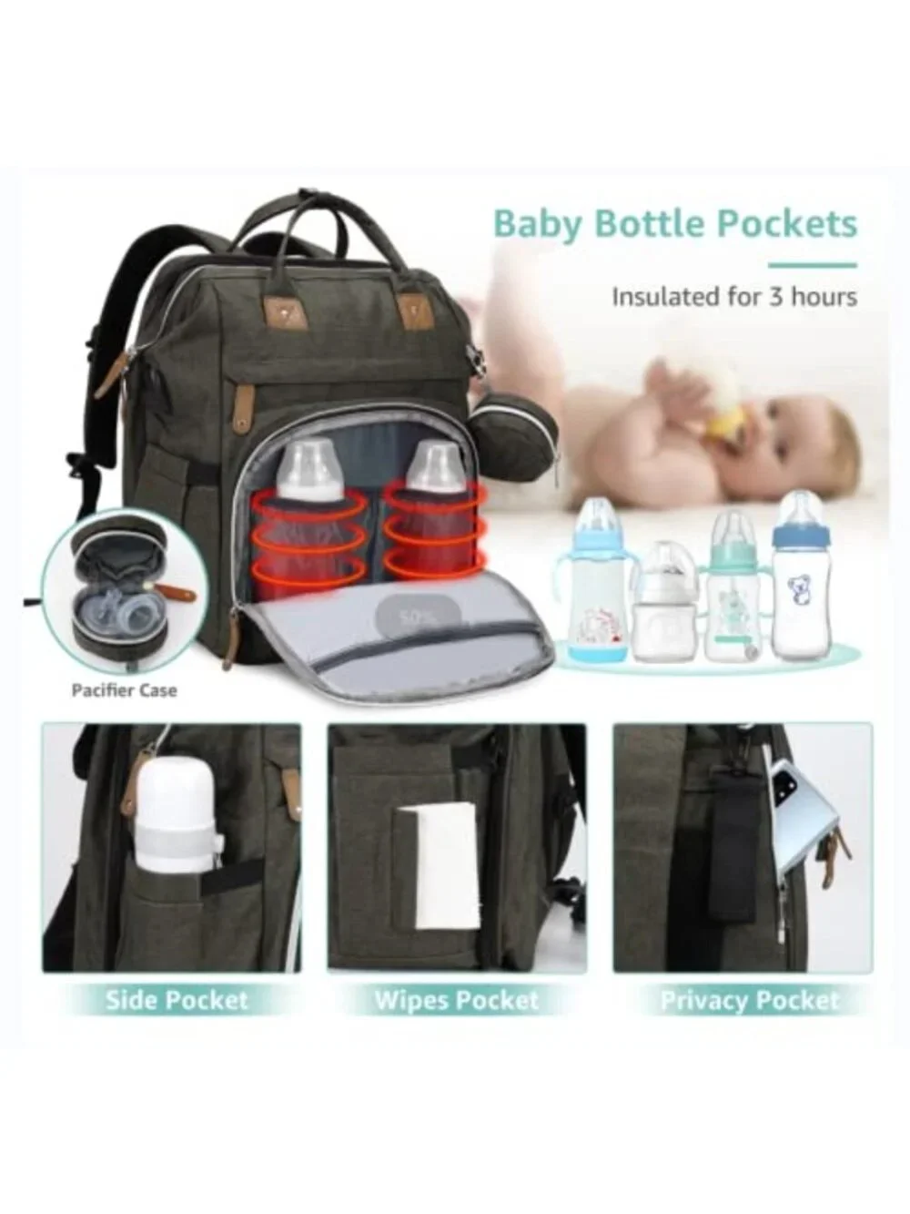 Large Waterproof Diaper Bag Backpack with Changing Pad & USB Port